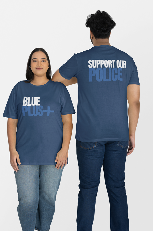 "Blue Plus Support Our Police Tee Hather Navy-Front and Back